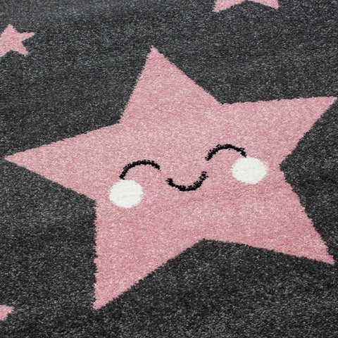 Kids Star Rug Pink and Grey Childrens Play Carpet Small Large Round Nursery Mats