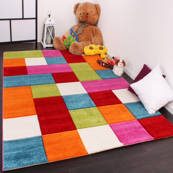 Kids Rug Multicoloured Geometric Thick Large Small Playroom Children's Carpet