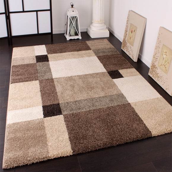 Brown and Beige Rug Cream Geometric Thick Heavy Woven Carpet Extra Large Mats
