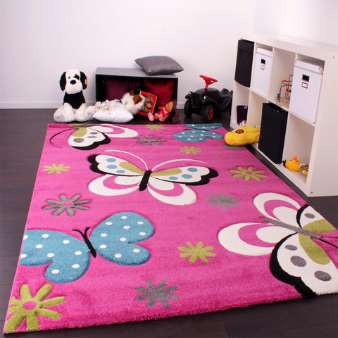 Children's Rug Butterfly Pattern Pink Purple Fuchsia Large Small Play Kids Rugs