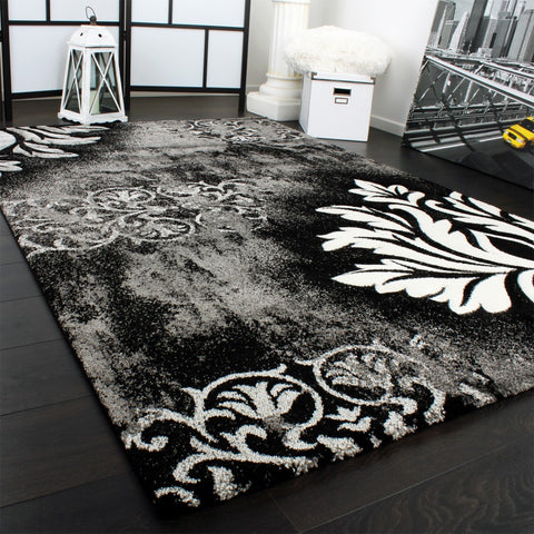 Grey Rug Floral Design Cream Black Contour Cut Carpet Large XL Small Sizes Mat
