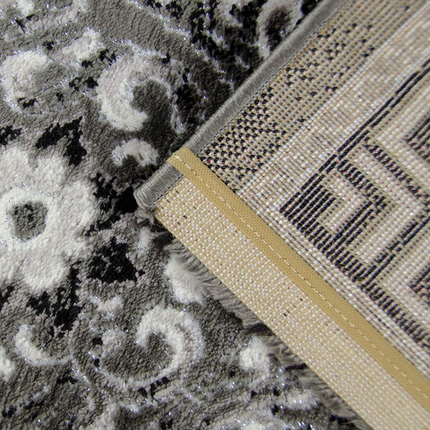 Oriental Flaral Pattern Rug Grey Black Shimmer Ornaments Woven Low Pile for Living Room or Bedroom