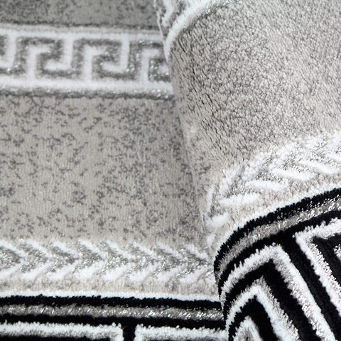 Modern Rug Silver Grey Black Border Design Oriental Woven Short Pile Carpet Mat for Living Room & Bedroom