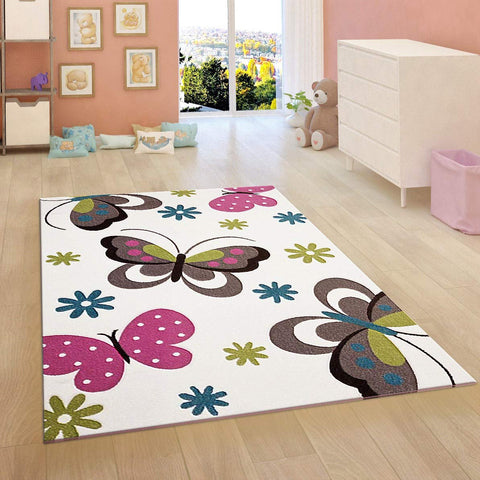 Kids Nursery White Cream Rug Butterfly Woven Low Pile Carpet Mat for Children Playroom & Bedroom