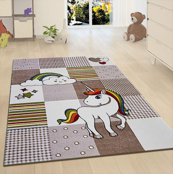 Unicorn Rug Kids Children Beige Nursery Carpet Woven Play Room Mat for Baby Girls Boys Bedroom
