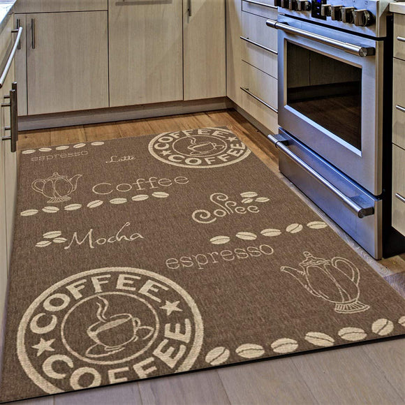 Kitchen Rug Coffee Design Brown and Beige Hard Wearing Flat Woven Floor Carpet Mat Indoor Areas