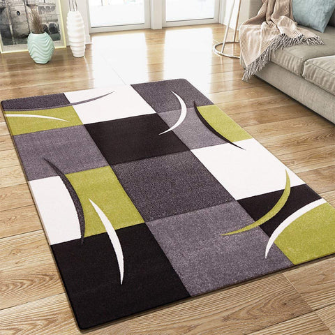 XRUG Modern Grey Green Black Rug Checkered Design Contour Cut Woven Low Pile Carpet Mat for Living Room & Bedroom
