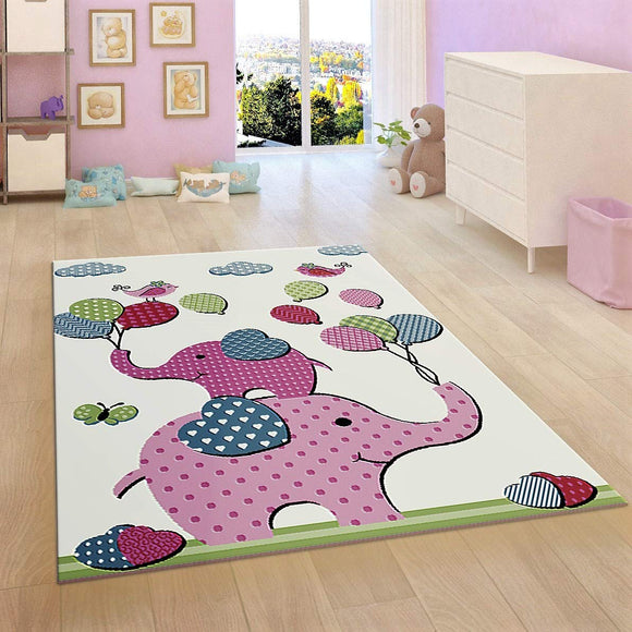 Kids Children Nursery White Cream Rug Elephant Woven Mat Low Pile Carpet for Baby Playroom & Bedroom
