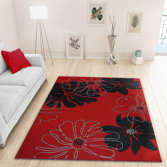 Modern Large Red Rug Black Floral Pattern Soft Woven Low Pile Floor Carpet Living Room or Bedroom
