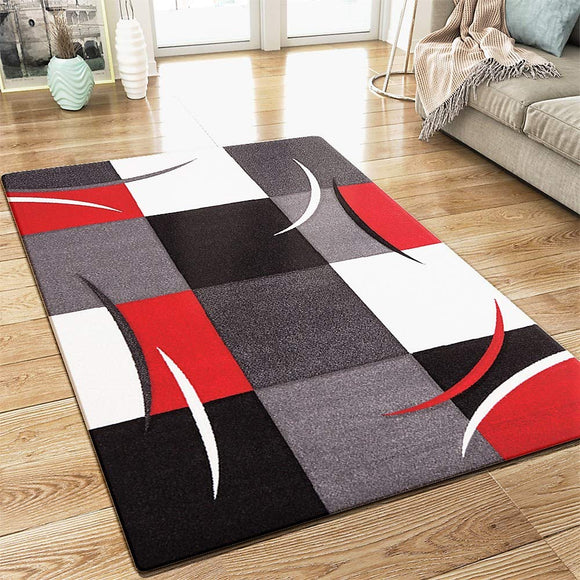 Modern Rug Red Grey Black Checkered Contour Cut Pattern Woven Low Pile Carpet Mat for Living Room & Bedroom