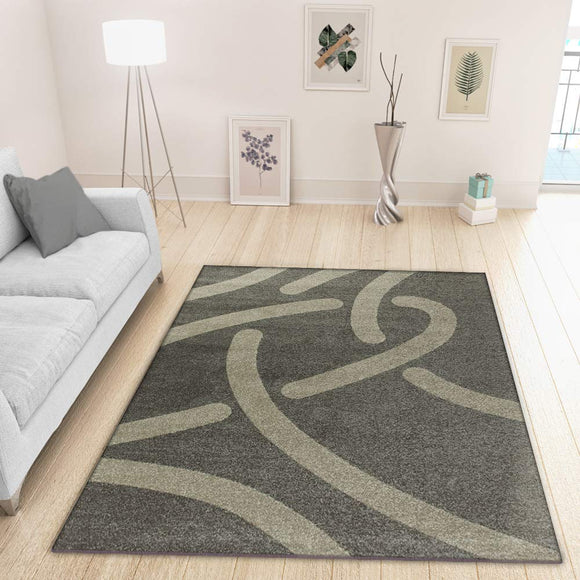 Contemporary Rug for Bedroom Modern Living Room or Dining Room with Abstract Geometric Patterned Grey and Silver Short Pile Woven Carpet Soft Mat