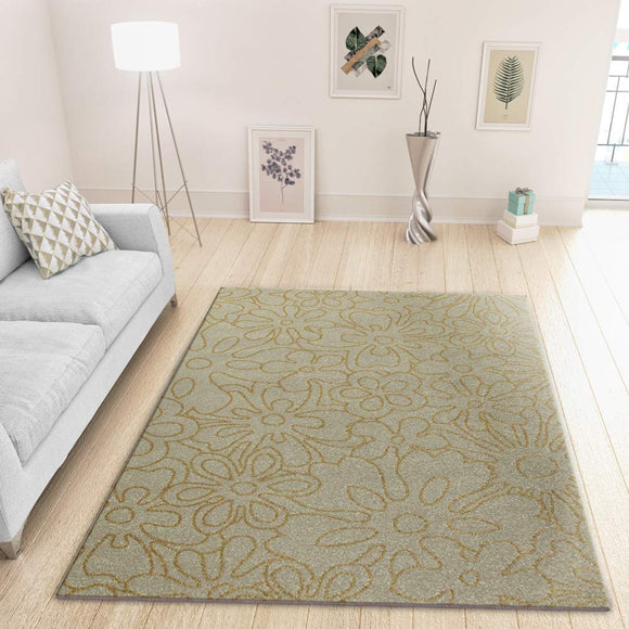 Contemporary Rug for Living Room or Bedroom with Exclusive Floral Pattern in Ivory and Ochre Сolours Soft Polypropylen Short Pile Woven Carpet Mat