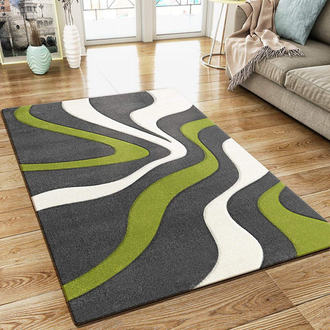 Abstract Rug Grey Green White Wave Design Contour Cut Woven Low Pile Carpet Mat for Living Room & Bedroom