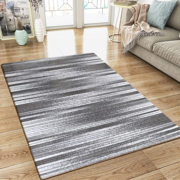 Modern Grey Striped Rug Woven Short Pile Carpet Mat for Living Room or Bedroom