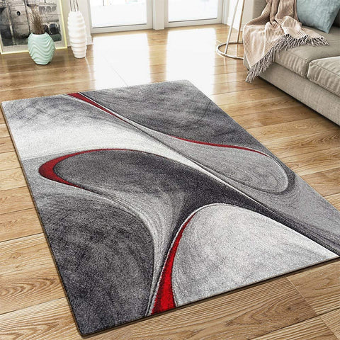 Designer Grey Rug Abstract Contour Red Pattern Woven Modern Art Carpet Mat for Living Room & Bedroom