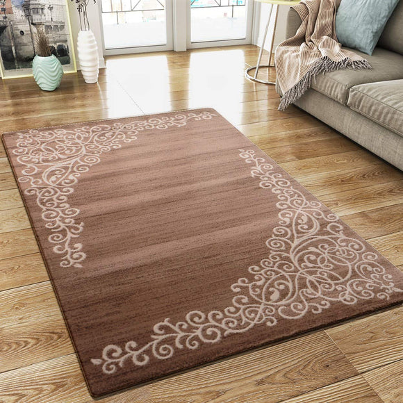 Modern Brown Beige Rug Glitter Floral Pattern Woven Low Pile Carpet Mat for Living Room & Bedroom