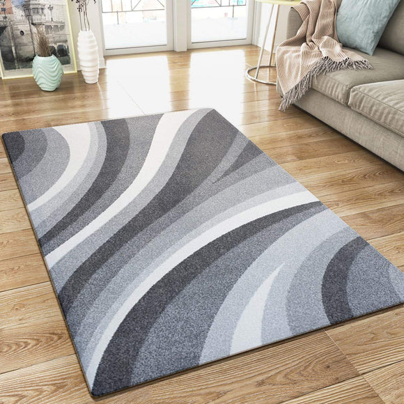 Modern Rug Silver Grey Ivory Abstract Design Woven Short Pile Carpet Mat for Living Room & Bedroom