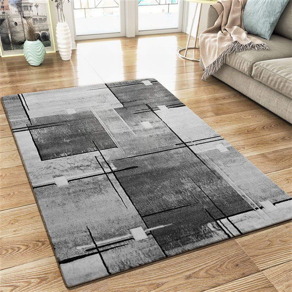 Abstract Rug Geometric Silver Grey Contour Cut Pattern Woven Short Pile Carpet Mat for Living Room & Bedroom
