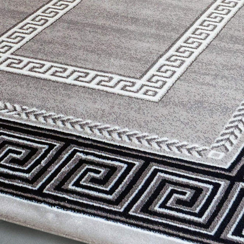 Modern Rug Silver Grey Black Border Design Oriental Woven Short Pile Carpet Mat for Living Room & Bedroom