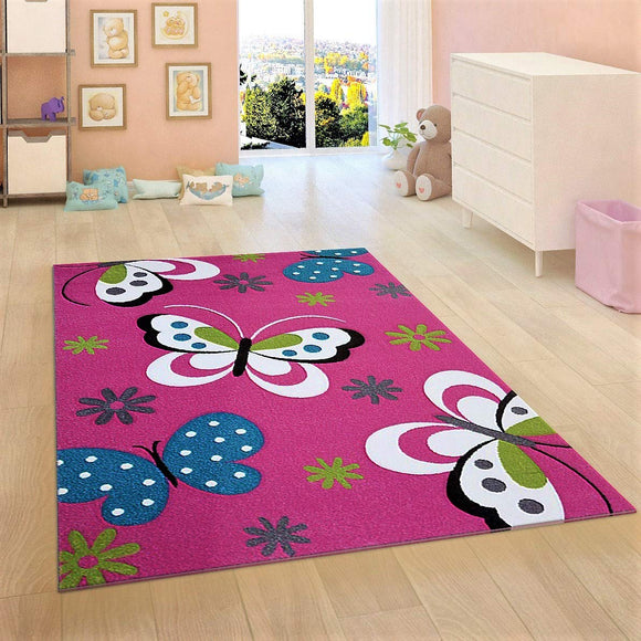 Kids Children Nursery Pink Rug Butterfly Woven Low Pile Carpet Mat for Baby Girl Play Room & Bedroom