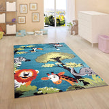 Kids Jungle Rug Nursery Rug Blue Animal Turquoise Children Play Room Carpet Mat