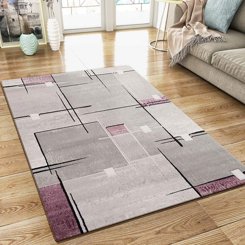 Abstract Rug Silver Grey Purple Contour Cut Pattern Modern Woven Carpet Mat for Living room & Bedroom