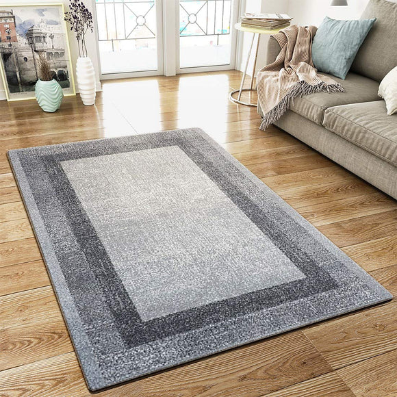XRUG Modern Grey Geometric Rug Border Design Thick Pile Woven Carpet Mat for Living Room & Bedroom
