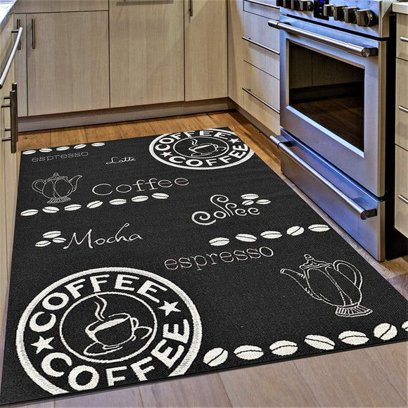 Kitchen Rug Coffee Design Black and White Hard Wearing Flat Woven Floor Carpet Area Mat