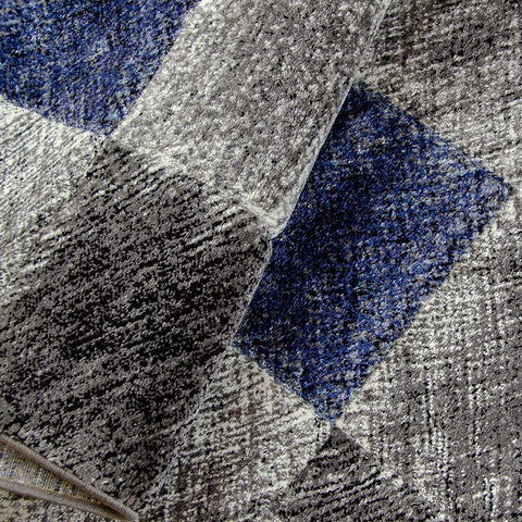 Modern Rug Black Grey Blue Checkered Pattern Woven Short Pile Carpet Mat for Living Room & Bedroom