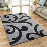 Modern Floral Rug Silver Grey and Black Contour Cut Pattern Damask Design Carpet Mat for Living Room & Bedroom