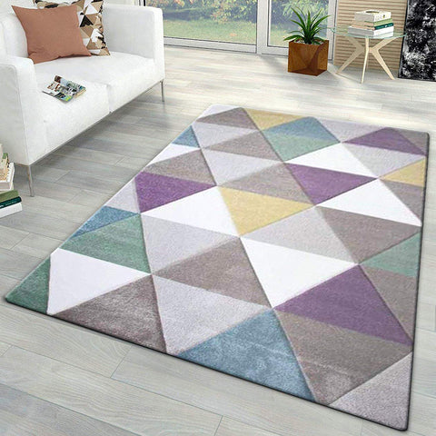 Living Room Rug Bedroom Carpet New Thick Mat Pastel Multi Colour Diamond Pattern