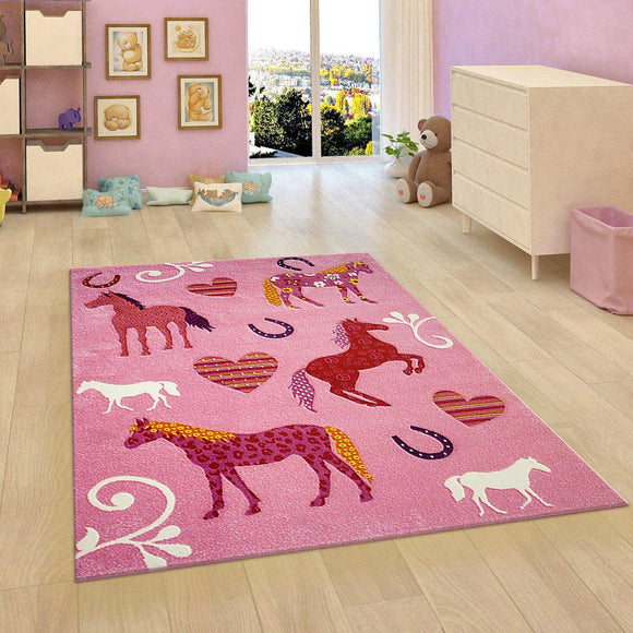 Kids Rug Pink Girls Bedroom Carpet Animals Hearts Horses Thick Soft Nursery Mat