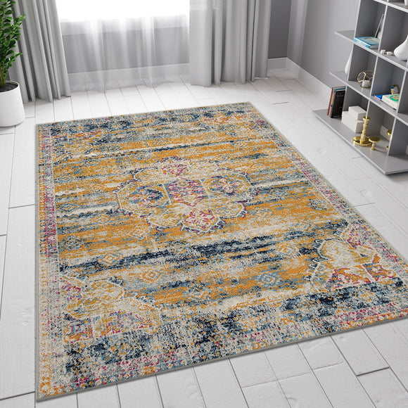 Traditional Distressed Rug Blue Mustard Yellow Grey Large Small for Living Room Bedroom