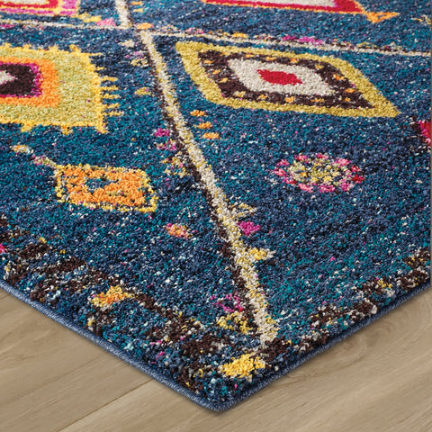 Navy Blue Shaggy Rug Boho Fluffy for Living Room Bedroom Woven Carpet Multicoloured Design