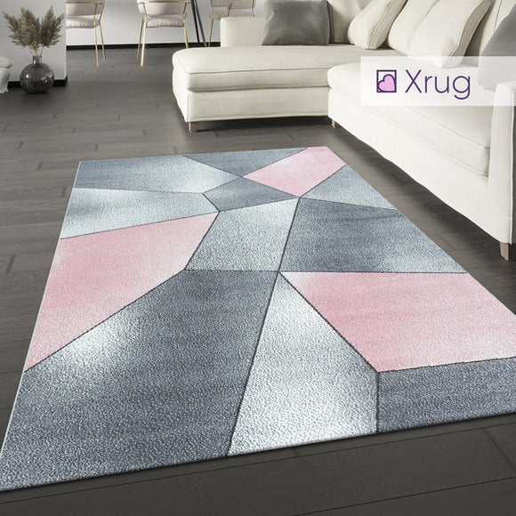 Blush Pink Grey Rug Pastel Geometric Carpet Large Small Living Room Bedroom Area Mat 