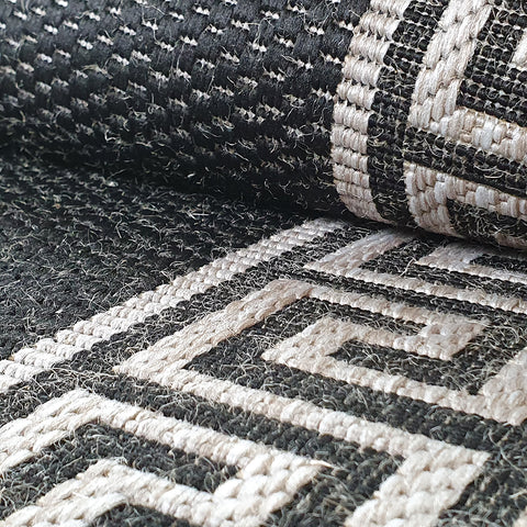 Black Rug Jute Look Flat Weave Hard Wearing Woven Carpet Grey Versace Style Bordered Geometric Pattern Small Large Hall Runner 60x230 80x150 80x250 120x170 160x230