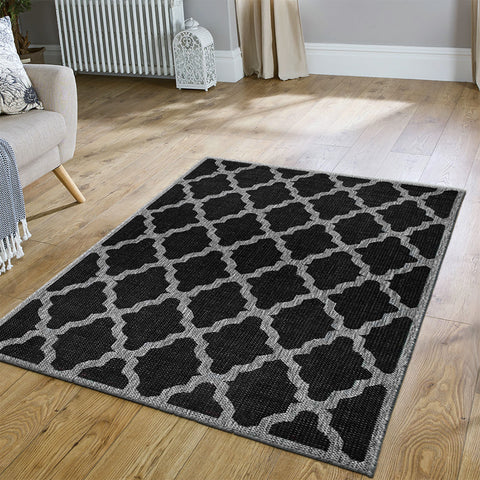 Anti Slip Rug Living Room Black Grey Moroccan Trellis Flat Weave Carpet Small Large Runner