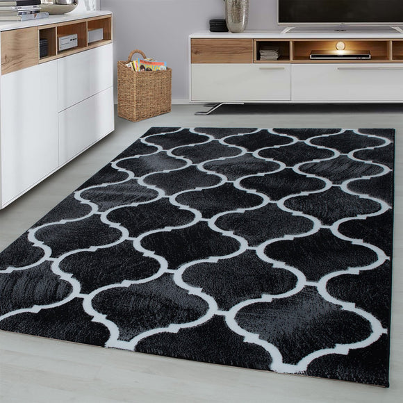 Black Oriental Rug Contour Cut Modern Pattern Mat Living Room Lounge Carpet New