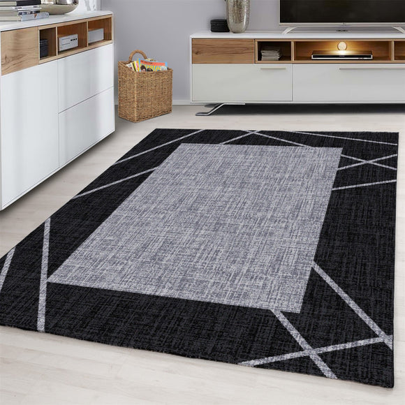 Contemporary Modern Geometric Bordered Traditional Oriental Rug Grey Black Patterned Carpet Small Extra Large XL Living Room Bedroom Area Lounge Mats Woven Polypropylene Heatset Short Low Pile 120x170 200x290 160x230 80x150 80x300