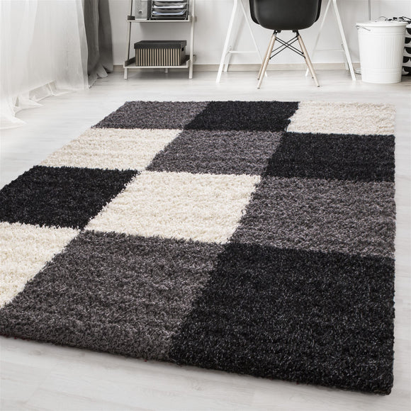Black and Grey Shaggy Rug Check Pattern Deep Pile Fluffy Carpet Living Room Mat