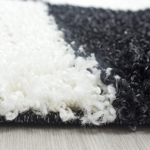 Black and Grey Shaggy Rug Check Pattern Deep Pile Fluffy Carpet Living Room Mat