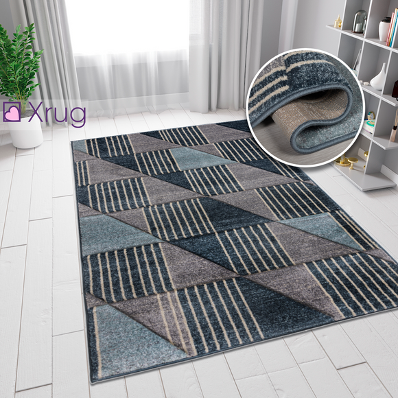 Blue Grey Rug Geometric Contour Cut Hand-Carved Pattern Small Extra Large XL Woven Carpet Living Room Bedroom Area Mat 120x170 160x230 200x290 Polypropylene