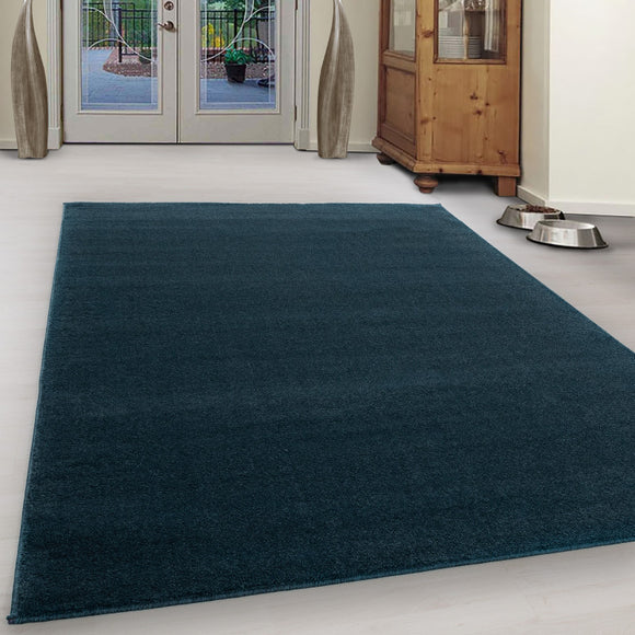 Blue Modern Rug for Bedroom Floor Runner Plain Mat Short Pile Woven Area Carpet