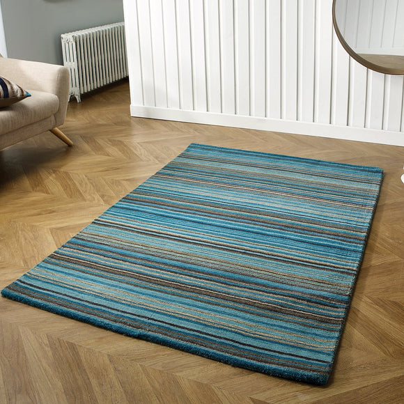 Blue Rug 100% Wool Handmade Modern Striped Living Room Bedroom Carpet Thick Mat Runner New