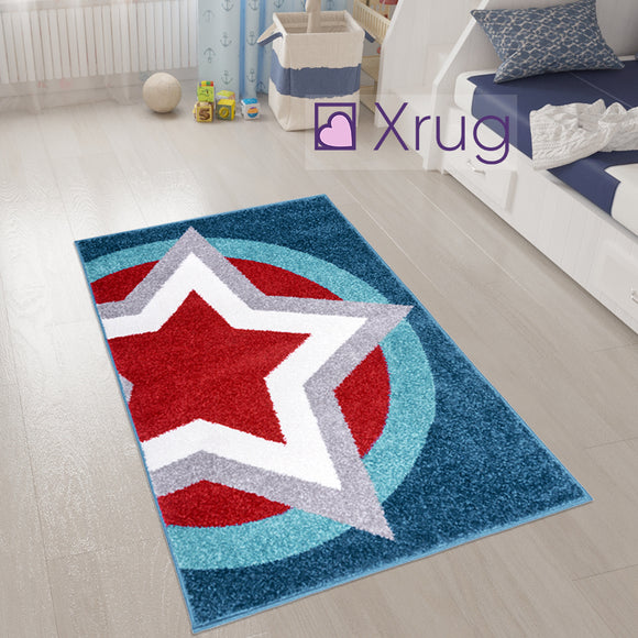 Boys Star Rug Blue Red Super Hero Shield Kids Rugs Carpets Play Room Mats 80x120cm