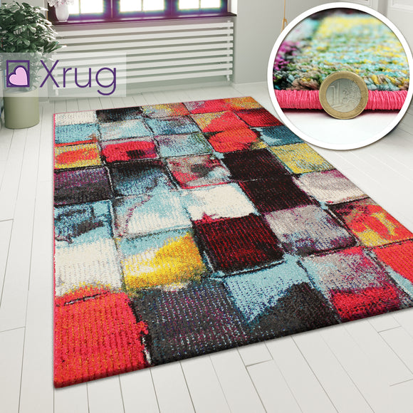Checkered Rug Modern Multi Colour Abstract Carpet Large Living Room Low Pile Mat