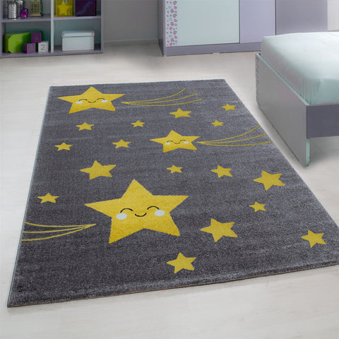 Childrens Star Rug Grey and Yellow Circle Nursery Carpet Modern Kids Bedroom Mat