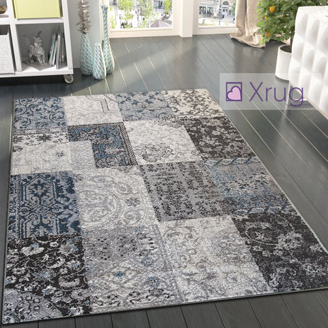 Oriental Rug Grey Blue Patchwork Pattern Mat Small Large Room Floor Check Carpet