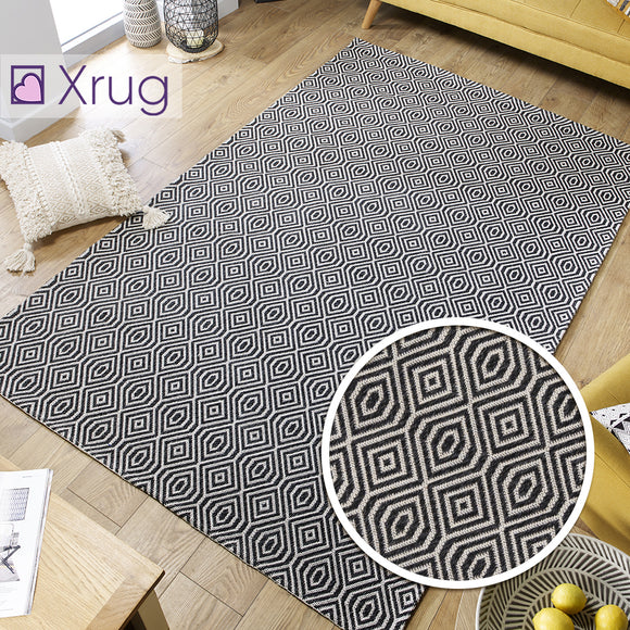 Flat Weave Rug Black Grey 100% Cotton Washable Woven Carpet Natural Floor Mat