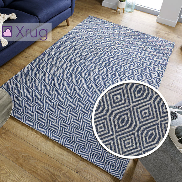 Blue Cotton Rug Navy Grey Geometric Patterned Washable Natural Carpet Woven Mat